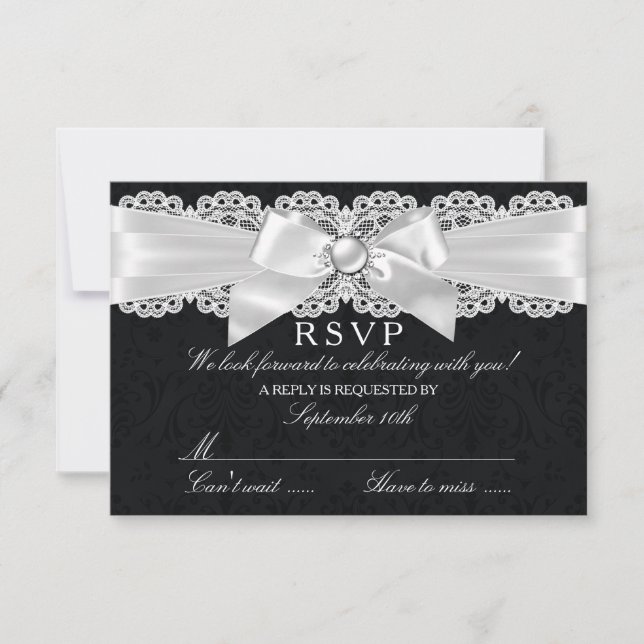 Svart & Vit Damast & Pärlbandsbåge RSVP OSA Kort (Framsida)