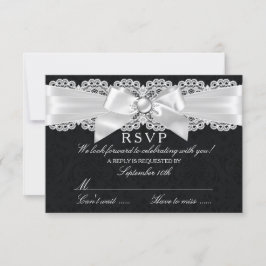 Svart & Vit Damast & Pärlbandsbåge RSVP OSA Kort