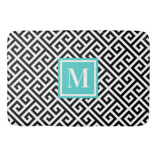 Svart Vit Diagonal Grekisk Nyckel Turkos Monogram Badrumsmatta