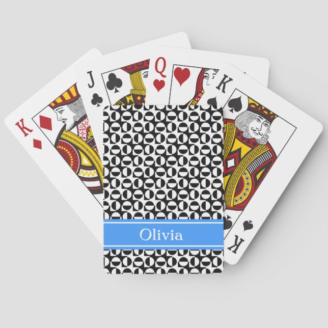 Svart & Vit Diagonal Retro Mönster m/ Blått Band Casinokort (Baksidan)