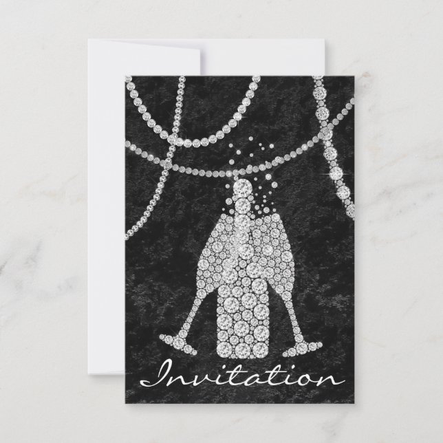 Svart Vit Diamant Glas Bubblor Champagne Flaska Inbjudningar (Framsida)
