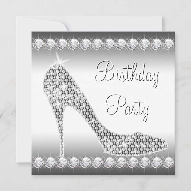 Svart Vit Diamant Högt Klacksko Födelsedagsfest Inbjudningar (Framsida)