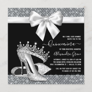 Svart Vit Diamant Tiara Skor Glam Quinceanera Inbjudningar