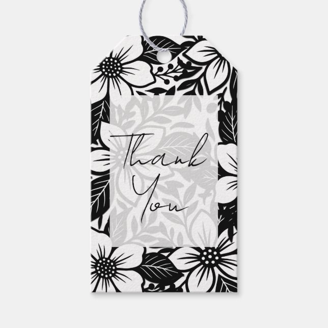 Svart & Vit Djärva Blommiga Blomning Presentetikett (Framsidan)