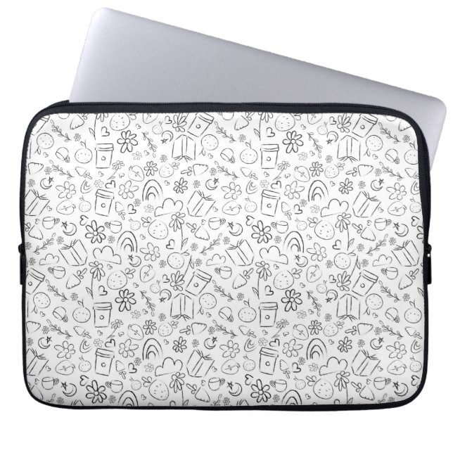Svart & Vit Doodle Söta Saker Sömlös Mönster Laptop Fodral (Framsidan)