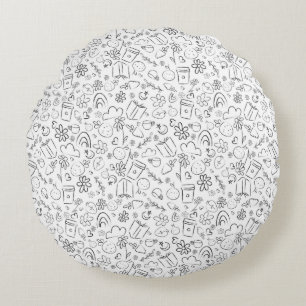 Svart & Vit Doodle Söta Saker Sömlöst Mönster Rund Kudde