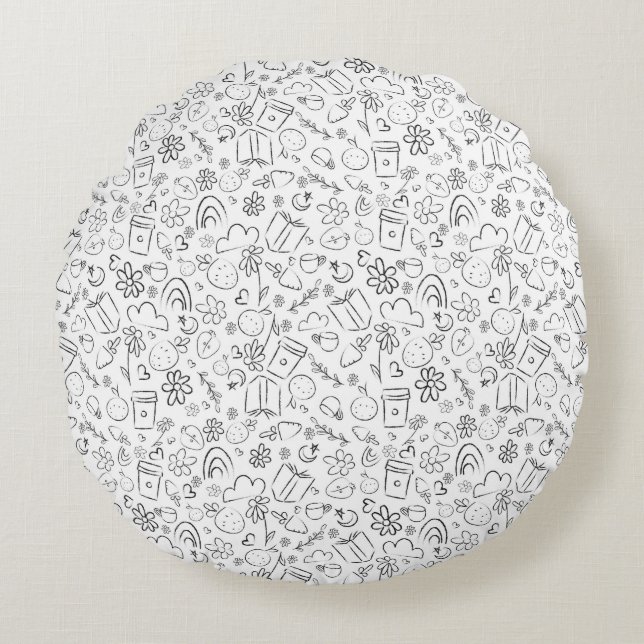 Svart & Vit Doodle Söta Saker Sömlöst Mönster Rund Kudde (Framsidan)