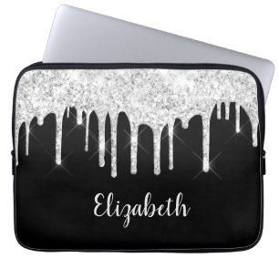 Svart Vit Droppande Glitter Silver Monogram  Laptop Fodral