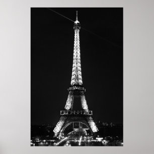 Svart Vit Eiffeltornet i Paris Natt Poster