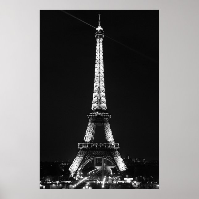 Svart Vit Eiffeltornet i Paris Natt Poster (Framsidan)