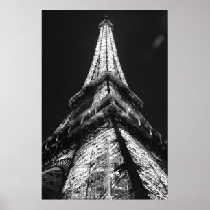 Svart Vit Eiffeltornet i Paris Natt Poster