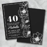 Svart Vit Elegant Blommig 40-års Födelsedag Inbjudningar<br><div class="desc">Vi presenterar en chic och elegant inbjudan till 40-årsfest, perfekt för att fira fyrtio år i stil. Designen har en elegant svart bakgrund, vilket skapar en sofistikerad svart-vit look överlag. Ömtålig anemoneblomma linjekonst löper ner längs höger sida och tillför en touch av elegans. Även om dessa är anemoneblommor kan de...</div>