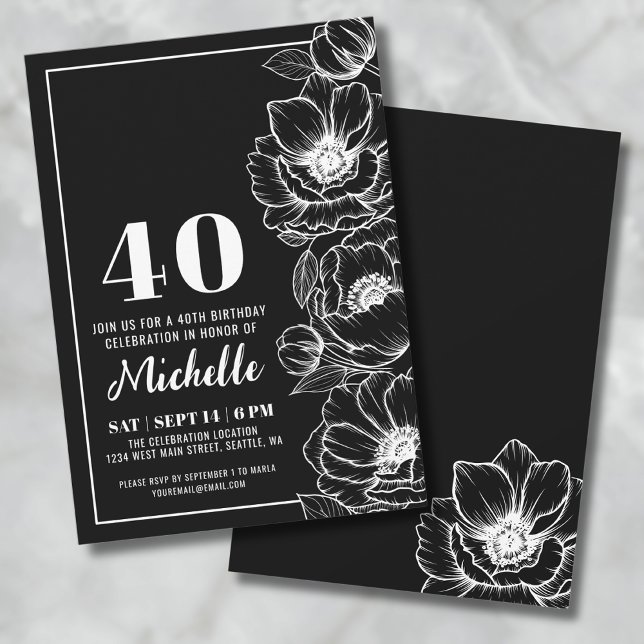 Svart Vit Elegant Blommig 40-års Födelsedag Inbjudningar (Elegant Floral Black And White 40th Birthday Invitation)