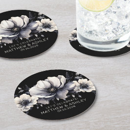 Svart Vit Elegant Blommig Bröllop Underlägg Papper Rund