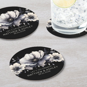 Svart Vit Elegant Blommig Bröllop Underlägg Papper Rund