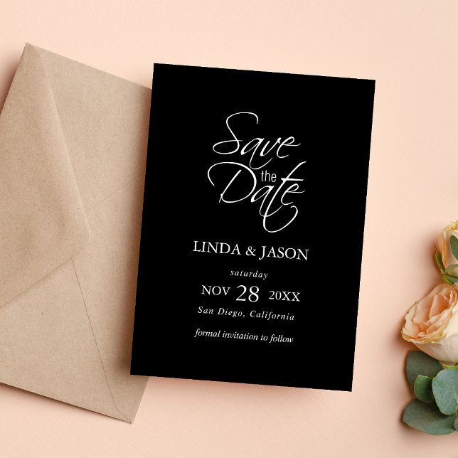 Svart & Vit Elegant Bröllop Födelsedatumkort för B Inbjudningar (Black and white elegant save the date card announces your wedding with timeless style.)