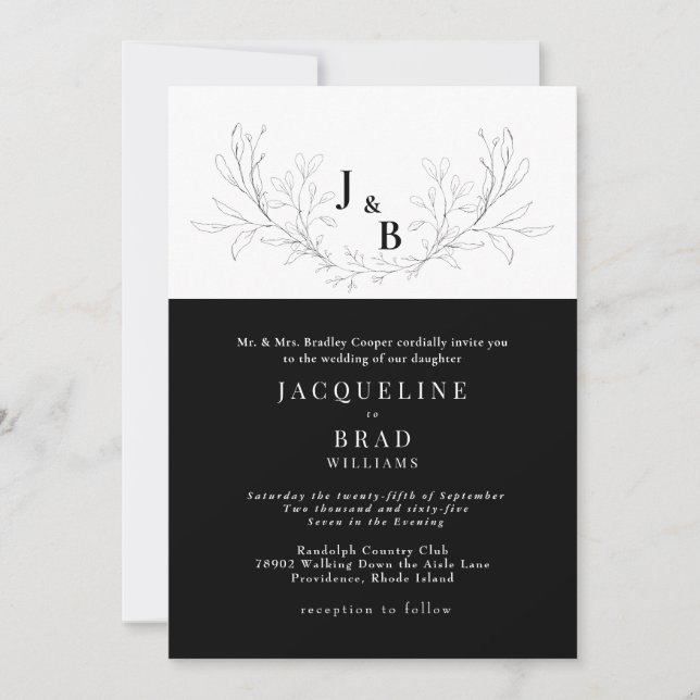 Svart & Vit Elegant Bröllop Inbjudningar (Framsida)