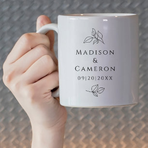 Svart Vit Elegant Bröllop Lämnar Namn Datum Kaffemugg