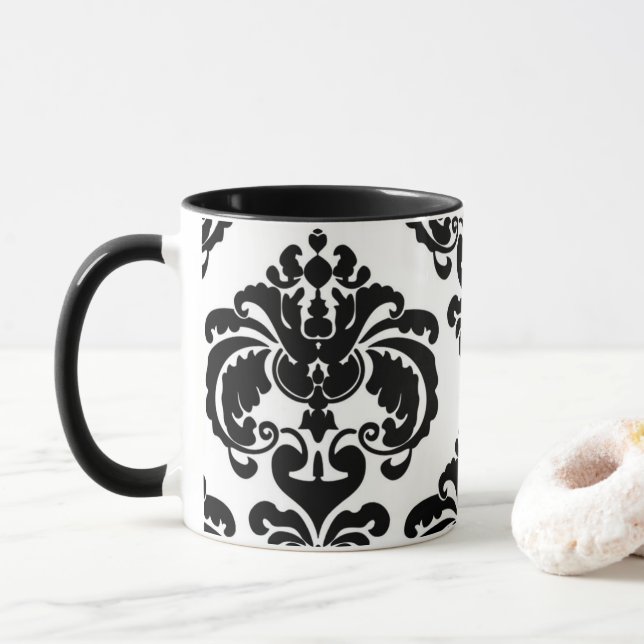 Svart & Vit Elegant Chic Damaskmönster Mugg (Med munk)