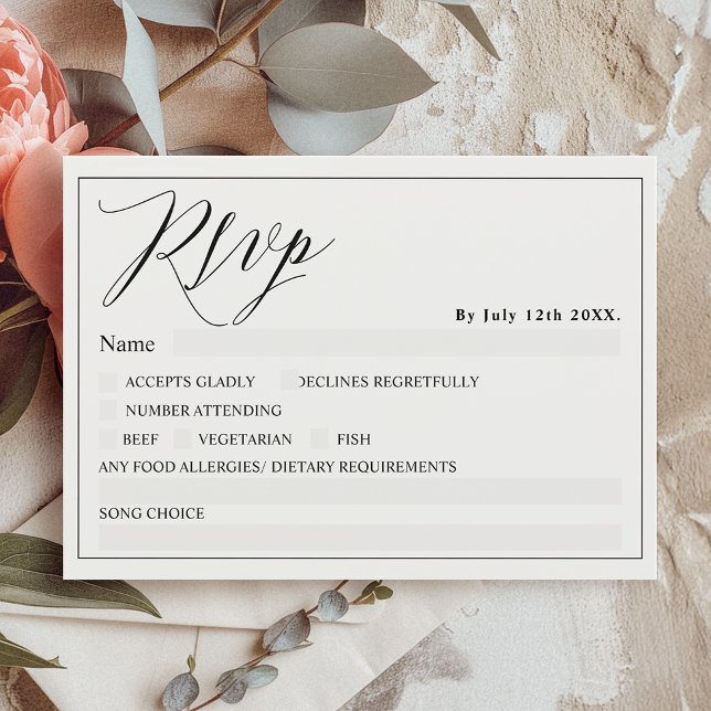 Svart, vit elegant, chic osa bröllop inbjudningar (Black white elegant script chic rsvp wedding invitation)