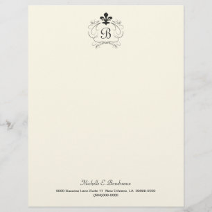 Svart vit Elegant Fleur de Lis Monogram Brevhuvud