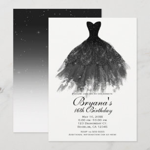 Svart & Vit Elegant Glamour Klänning Söt 16 Födels Inbjudningar