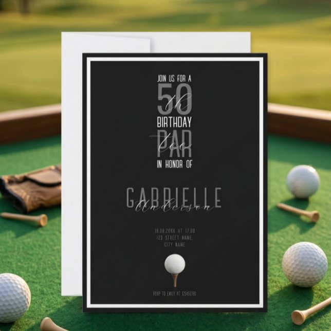 Svart Vit Elegant Golfboll 50 Födelsedag Par-Tee Inbjudningar (Skapare uppladdad)