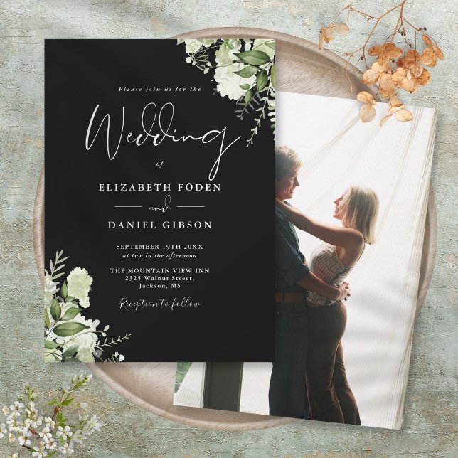 Svart Vit Elegant Grönska Blad Foto Bröllop Inbjudningar (Black White Elegant Greenery Leaves Photo Wedding Invitation)