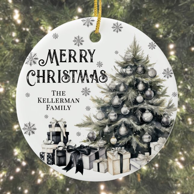 Svart Vit Elegant Jul Julgransprydnad Keramik (Pink Flamingo Tropical Christmas Ceramic Ornament)