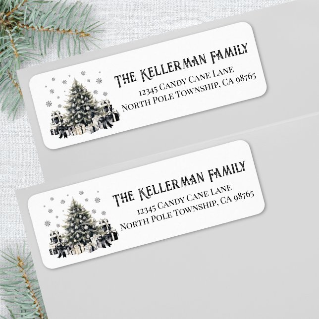 Svart Vit Elegant Jul Returadress Etikett (Black White Elegant Christmas Return Address label )