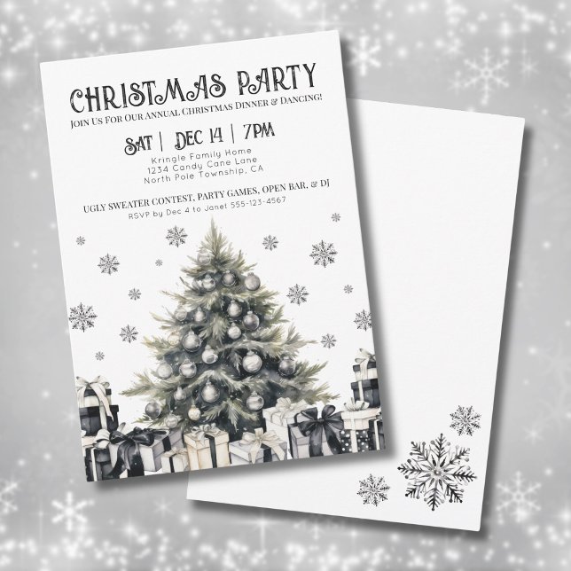 Svart Vit Elegant Julfestinladan Inbjudningar (Black White Elegant Christmas Party Invitation)