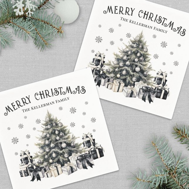 Svart Vit Elegant Julgran Pappersservett (Black White Elegant Christmas Tree Napkins)