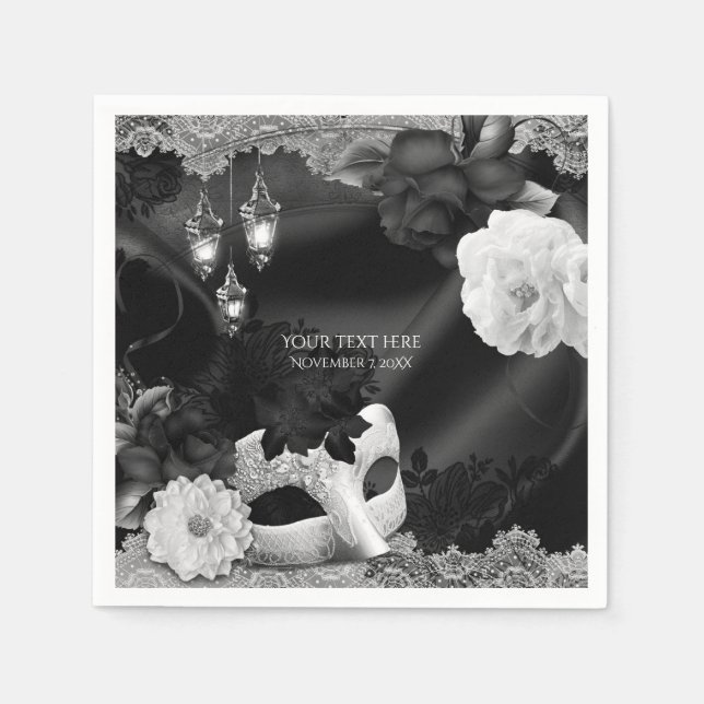 Svart & Vit Elegant Maskeradfest Pappersservett (Framsidan)