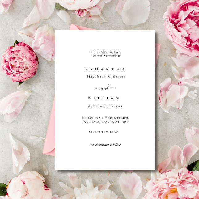 Svart Vit Elegant Minimalistisk Enkel Traditionell Spara Datumet (Black White Simple Minimalist Elegant Traditional Classic Wedding Save the Date Invitation Card)