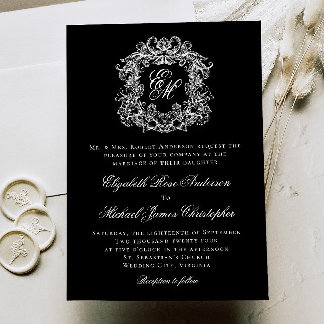 Svart Vit Elegant Monogram Tecken Bröllop Inbjudningar (Skapare uppladdad)