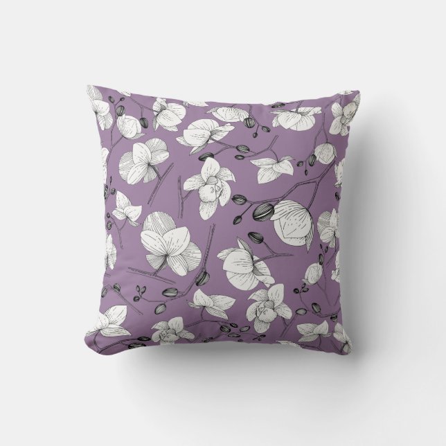 Svart & vit elegant orkidé blommodern lila kudde (Framsida)