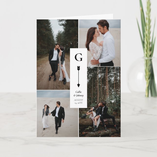 Svart vit Elegant Pil Bröllop Photo Collage Tack Kort (Framsida)