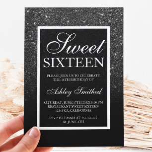 Svart, vit elegant-skript, chic Sweet 16 Inbjudningar
