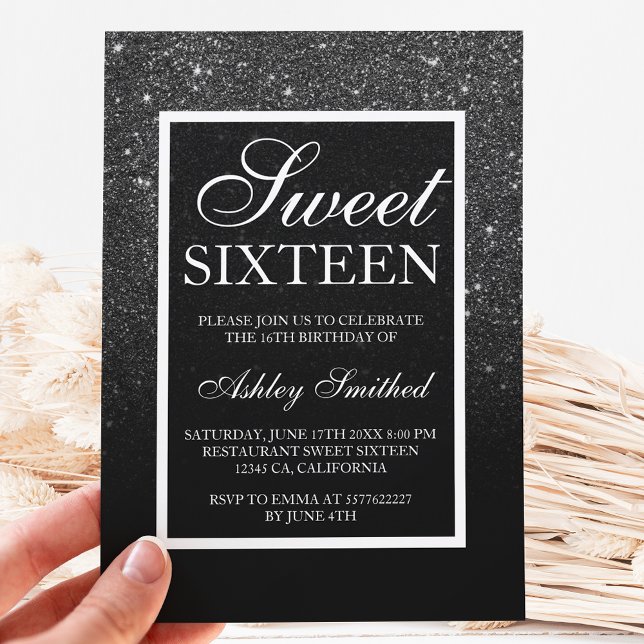 Svart, vit elegant-skript, chic Sweet 16 Inbjudningar (Skapare uppladdad)