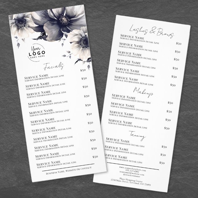 Svart Vit Elegant Spa Tjänster Meny Hållkort (Black White Elegant Spa Services Menu Rack Card)