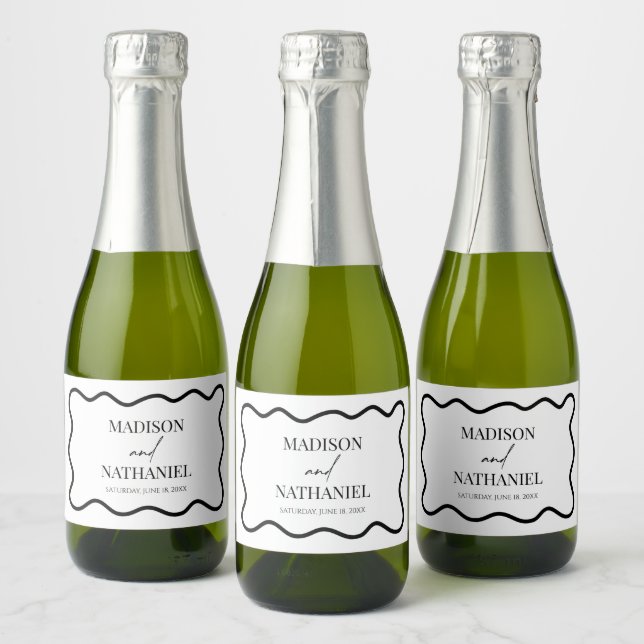 Svart Vit Elegant Vågig Kant Bröllop (Flaskor)