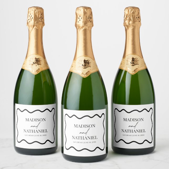 Svart Vit Elegant Vågig Kant Bröllop (Flaskor)