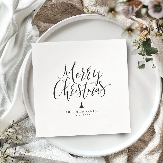 Svart & Vit Enkel Kalligrafi God Jul Pappersservett (Black & White Simple Calligraphy Merry Christmas Napkins)