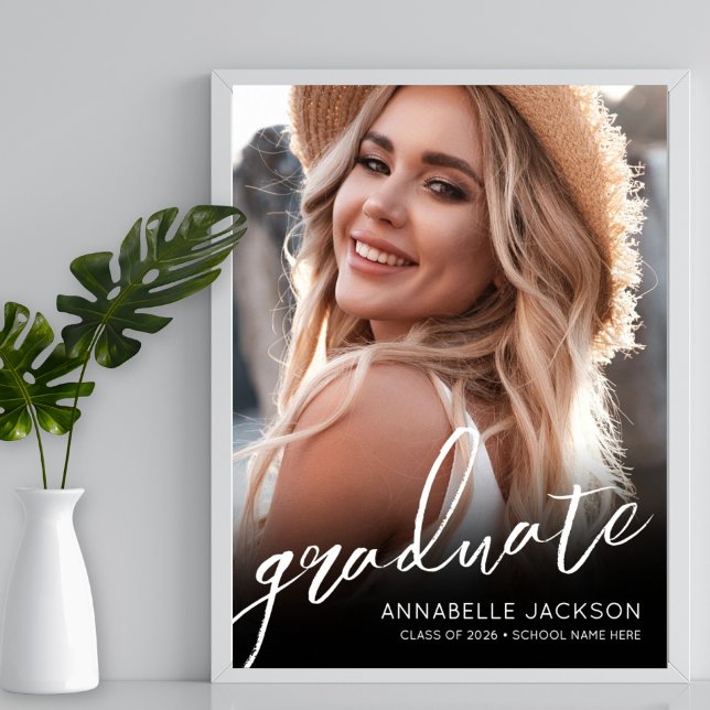 Svart vit, enkelt fotoskylt Studentfest Poster (Black White Simple Photo Graduation Party Sign)