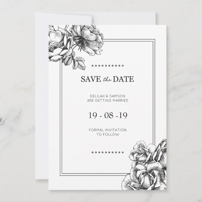 Svart & Vit Etsad Blommig Bröllops Save the Dates Inbjudningar (Framsida)