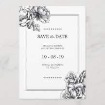 Svart & Vit Etsad Blommig Bröllops Save the Dates