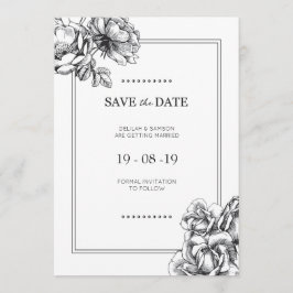 Svart & Vit Etsad Blommig Bröllops Save the Dates Inbjudningar