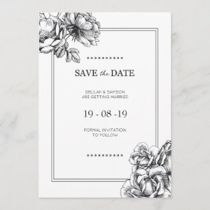 Svart & Vit Etsad Blommig Bröllops Save the Dates Inbjudningar