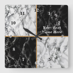 Svart vit Faux Marble Clock med Anpassningsbar Tex Fyrkantig Klocka
