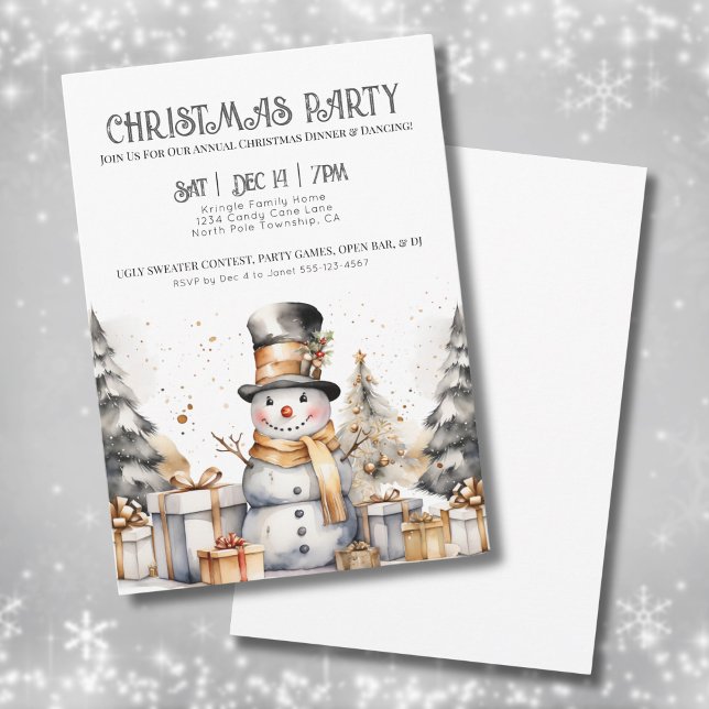 Svart Vit Festlig Vinter Julfest Inbjudningar (Snowman Winter Christmas Party Invitation)